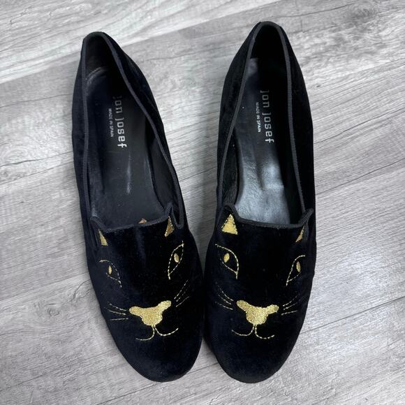 Jon Josef Velvet Gold embroidered Cat loafers Black Made in Spain Womens 9 1/2 - Picture 3 of 9